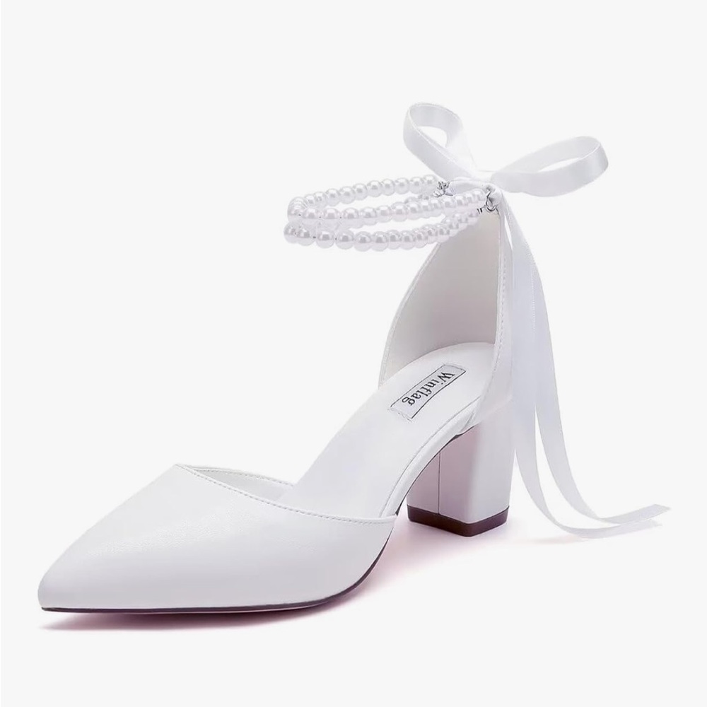 White Pearl Ankle-Strap Block Heel
